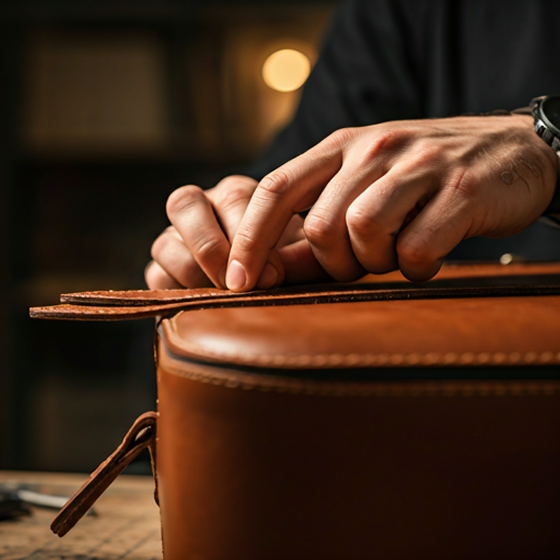 Artisan hands crafting premium leather